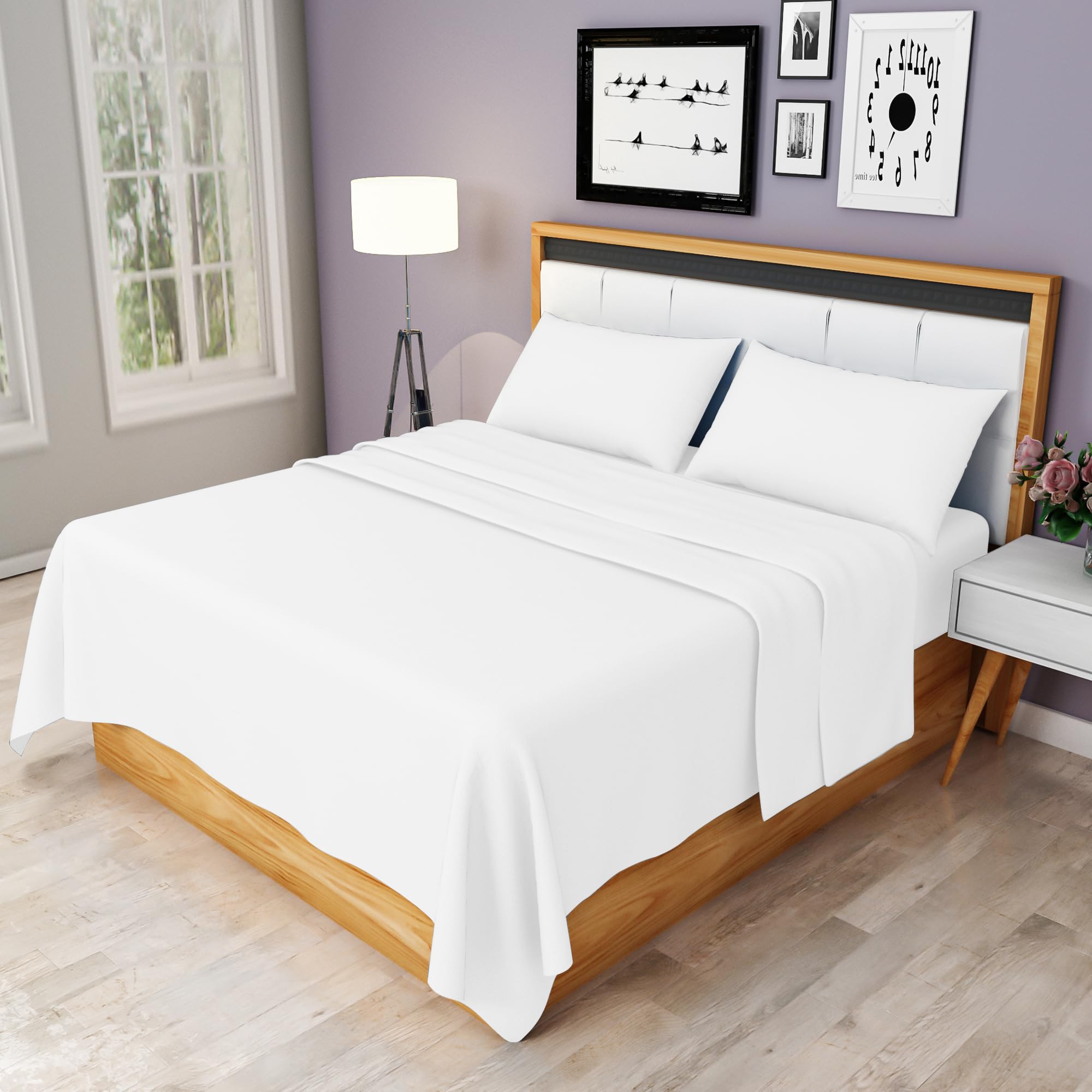 HOME ACE White Double Bed Sheet Set - Easy Care 4 Pieces Poly Cotton Sheet Set Double Size (Flat Sheet + Fitted Sheet + 2 Pillowcases) - Soft Wrinkle Resistant Bedding Set