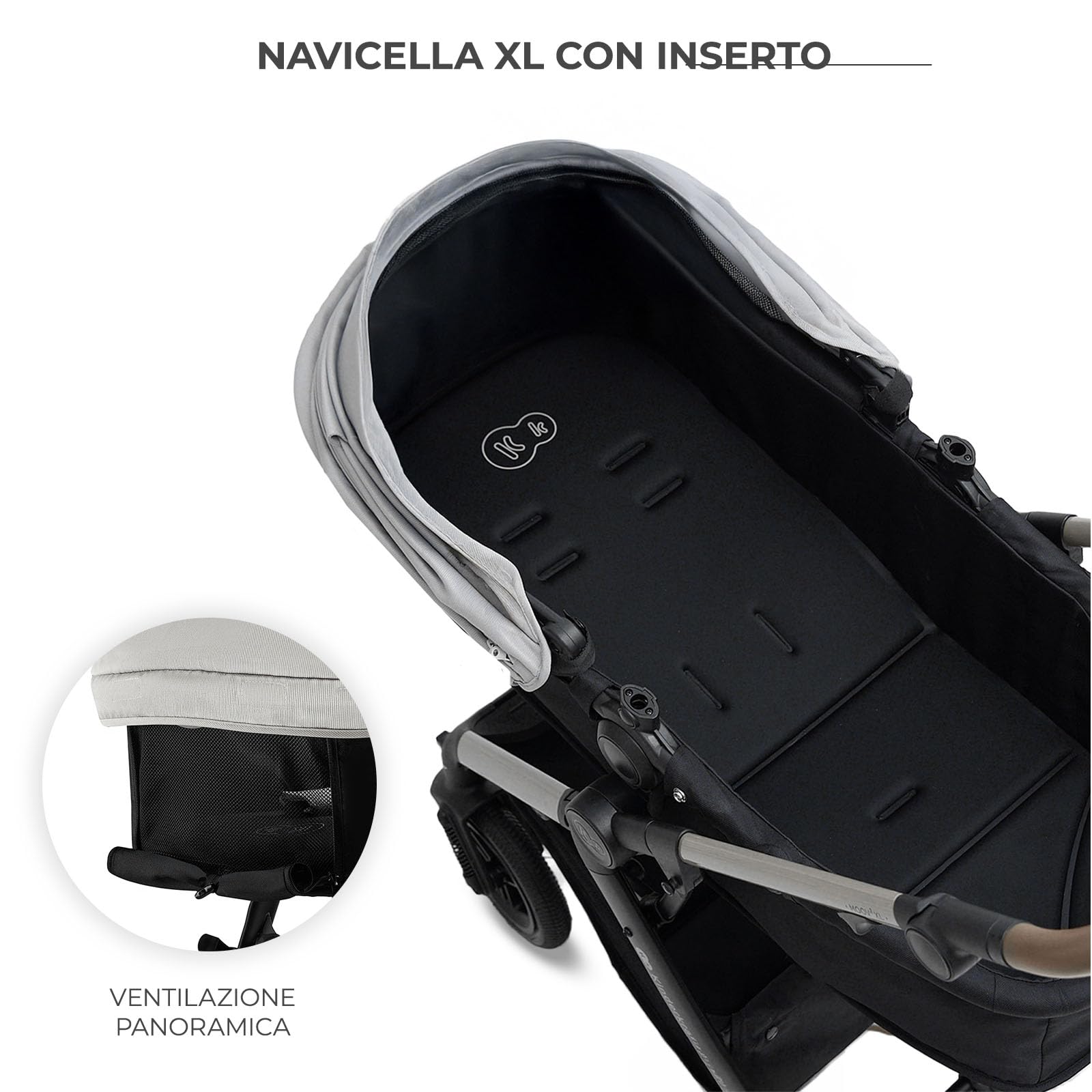Kinderkraft MOOV XL 3 in 1, Passeggino fino a 27 kg, Carrozzina, Con Seduta I-SIZE 40-75 cm, Pieghevole, Ammortizzatore, Convertibile, Navicella XL, Con Accessori, Grigio Chiaro