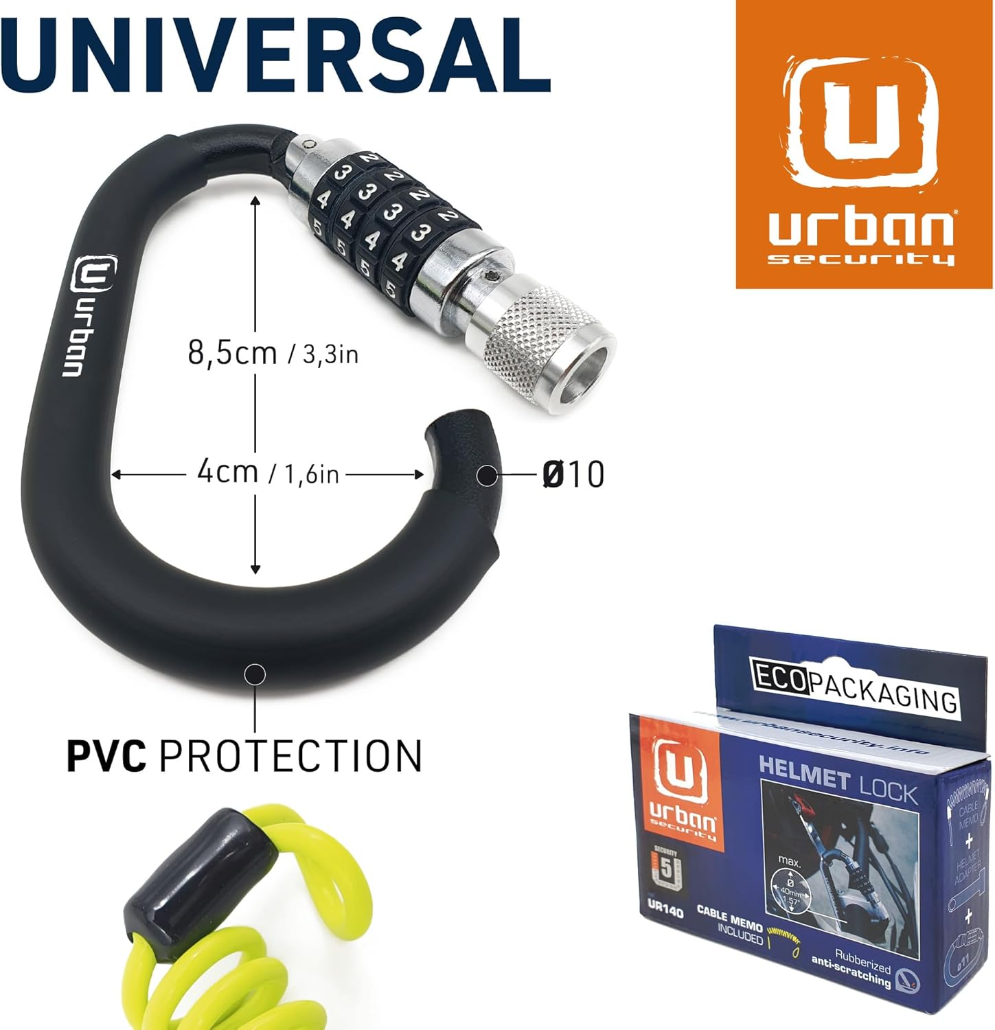 Urban UR140 Motorcycle Helmet Lock, Carabiner with Safer 4 Digit Code, T Buckle Adapter, More Visible Braided Steel Security Cable, Universal Anti Theft Accessory for Motorcycle and Bicycle Helmets