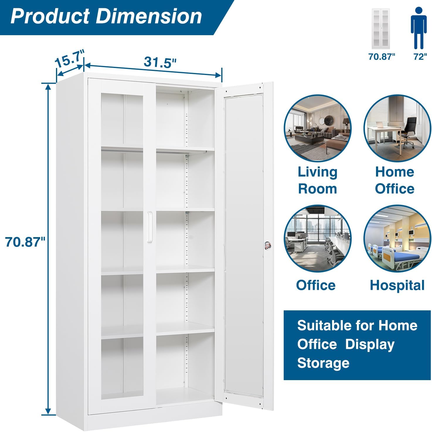 PEUKC Display Cabinet with Glass Doors, 71 Inches Metal Curio Storage Cabinets with 4 Adjustable Shelves, Locking Glass Cabinet Display Case for Home, Office, Clinic, Pantry (White)