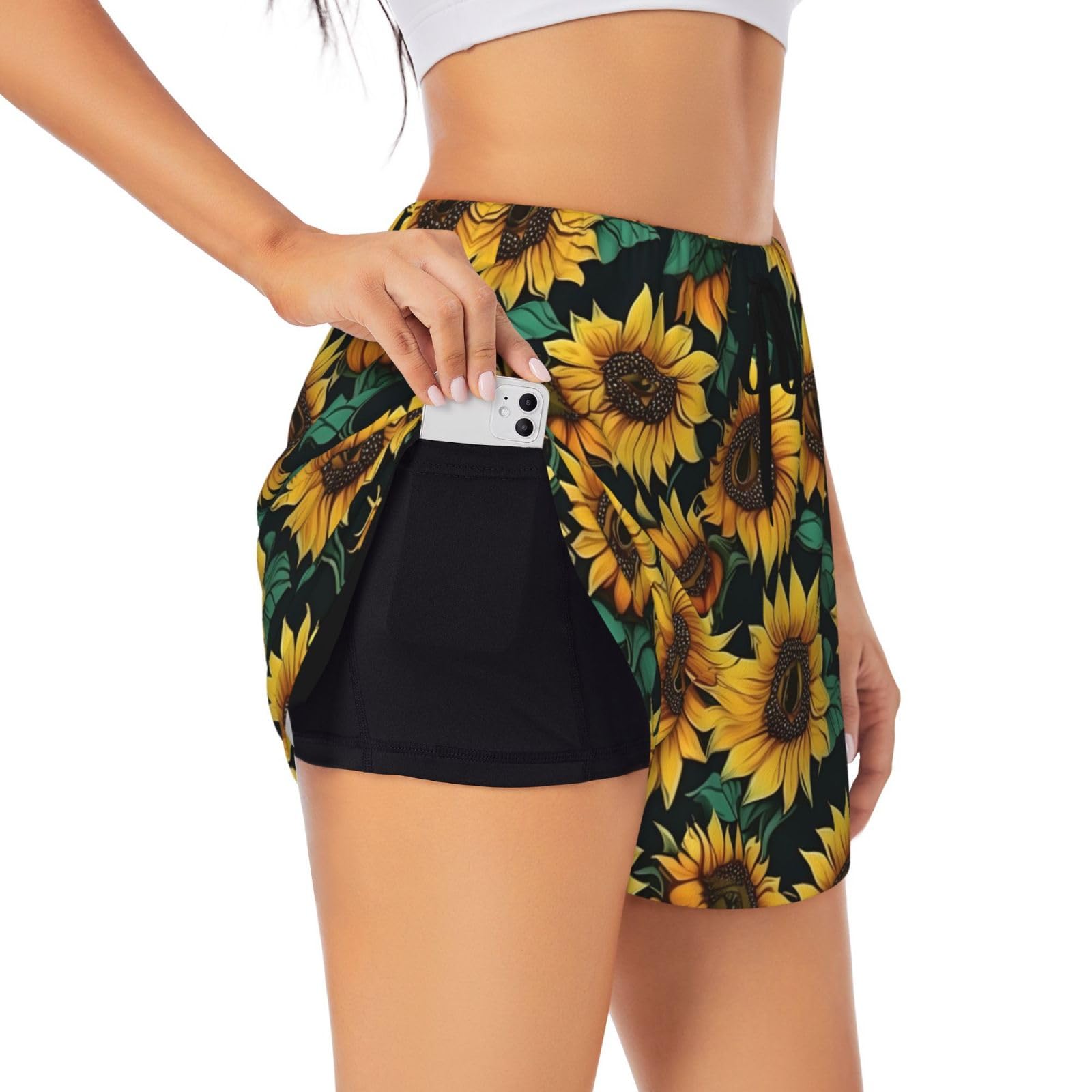 Gaxfjru Women's Black Sunflower Print Running Shorts High Waisted Running Shorts Pocket Sporty Gym Elastic Short