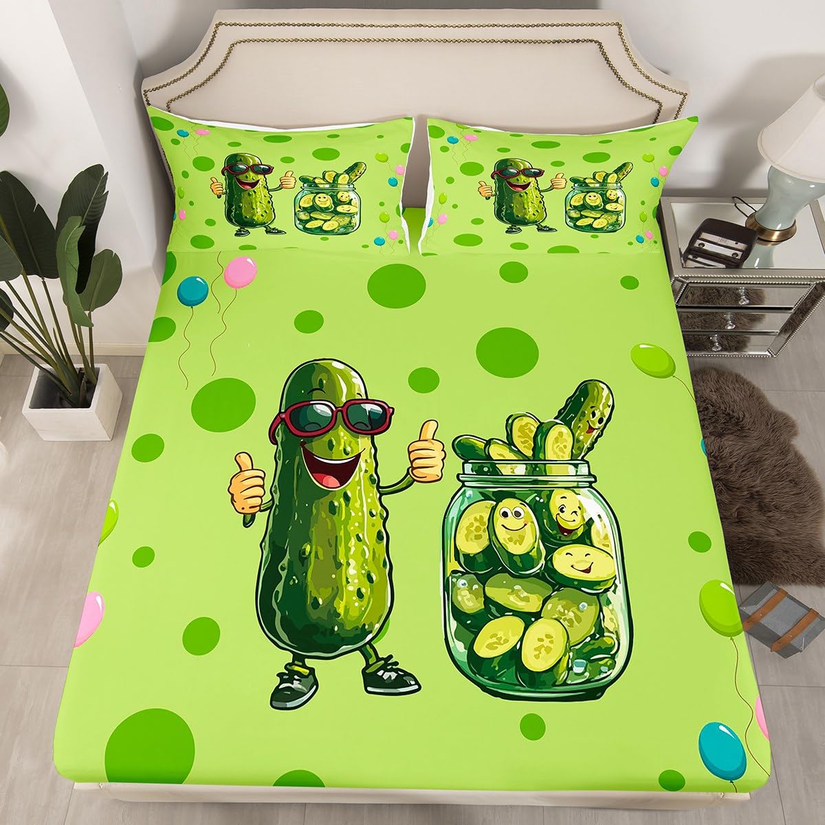 Pickles Kids Fitted Sheet Twin,Funny Cucumber Bed Sheets,3D Pickles Sheets Cute Room Decor for Teen Girls Cartoon Style Food Bed Set