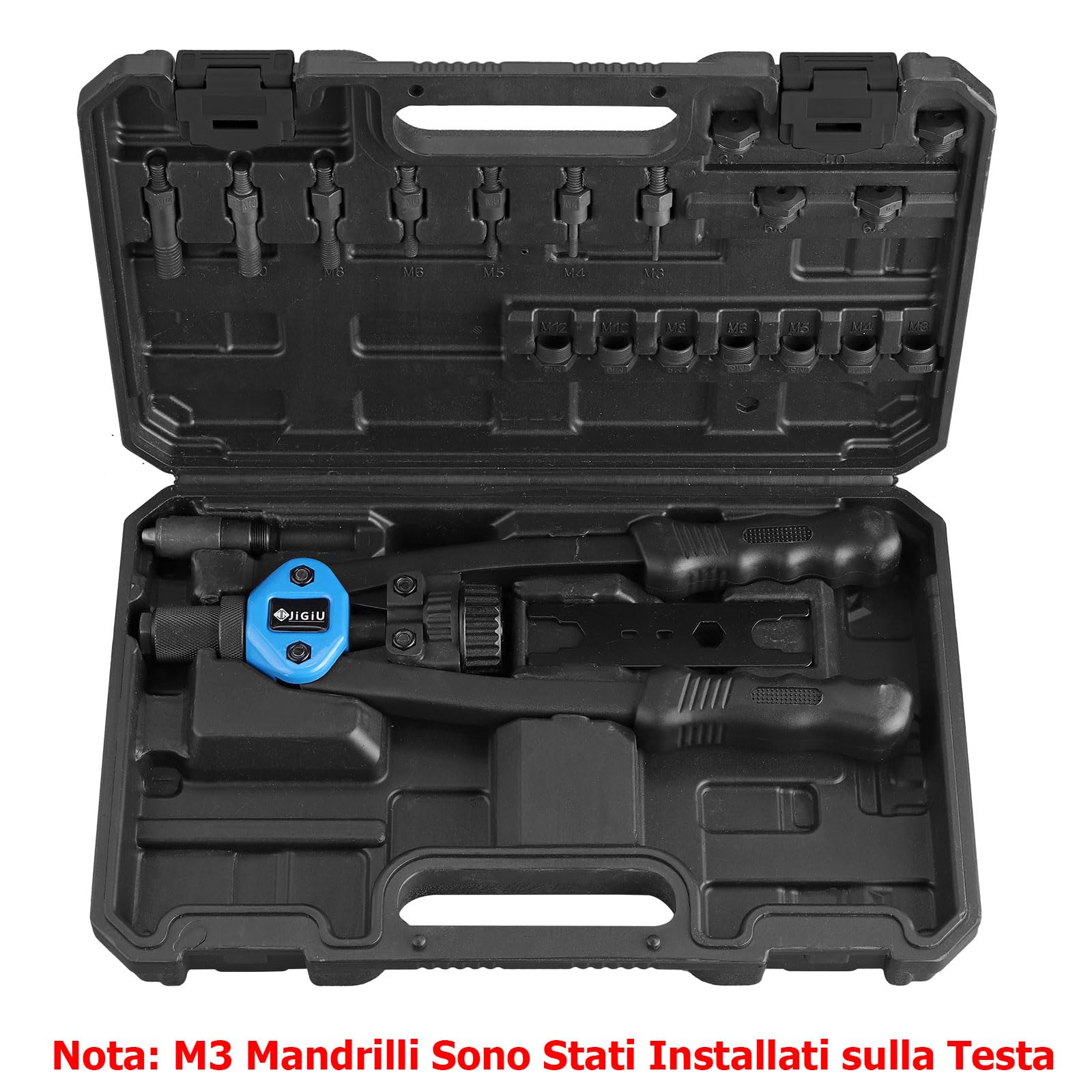 JiGiU Rivettatrice Professionale 2 in 1 per Inserti Filettati-7pz Mandrini Metrici 110 Dadi 5 Diverse Misure Doppio Manico di Rivettatrici-50 pz Rivetti per Lavori Edili-Nero Blu