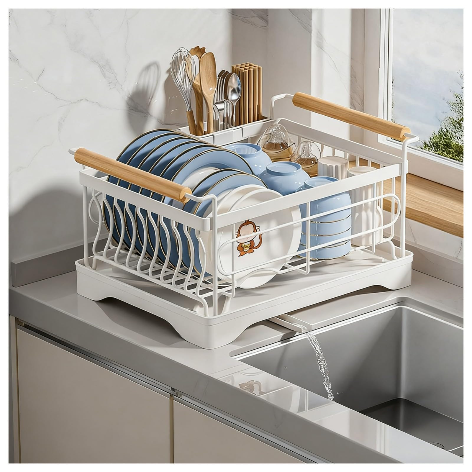Scolapiatti,scolapiatti per bancone da Cucina con Manici in Legno,scolapiatti Compatto Acciaio inoxa Un Solo Livello,portautensili,Ciotole/Tazze/Piatti(Bianco,Piccolo)
