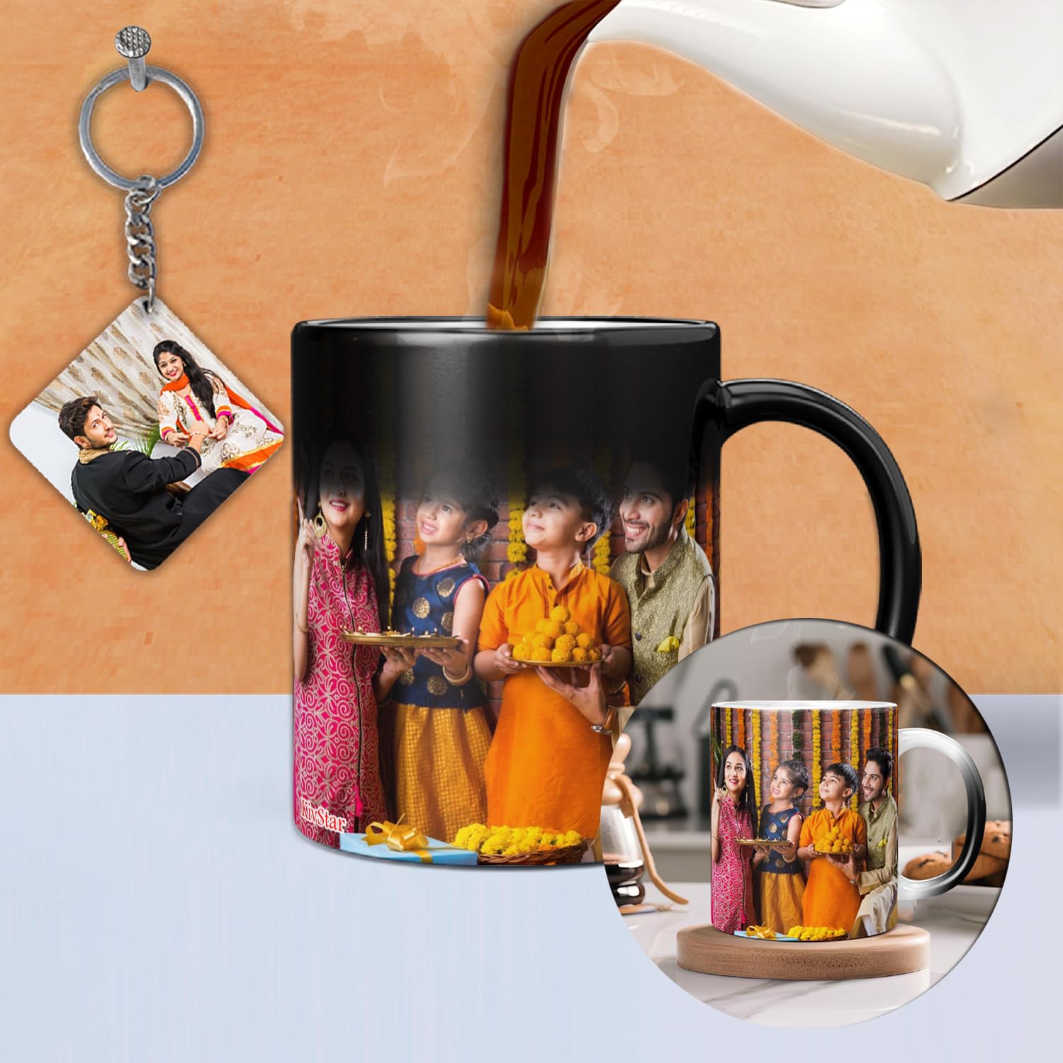 KivStar Personalized Photo Magic Mug with Keychain| Heat Reveal Coffee Mug Gift forBirthday, Anniversary, Valentine's Gift – 325ml Color Changing Mug for Girlfriend, Boyfriend, Husband, Wife.