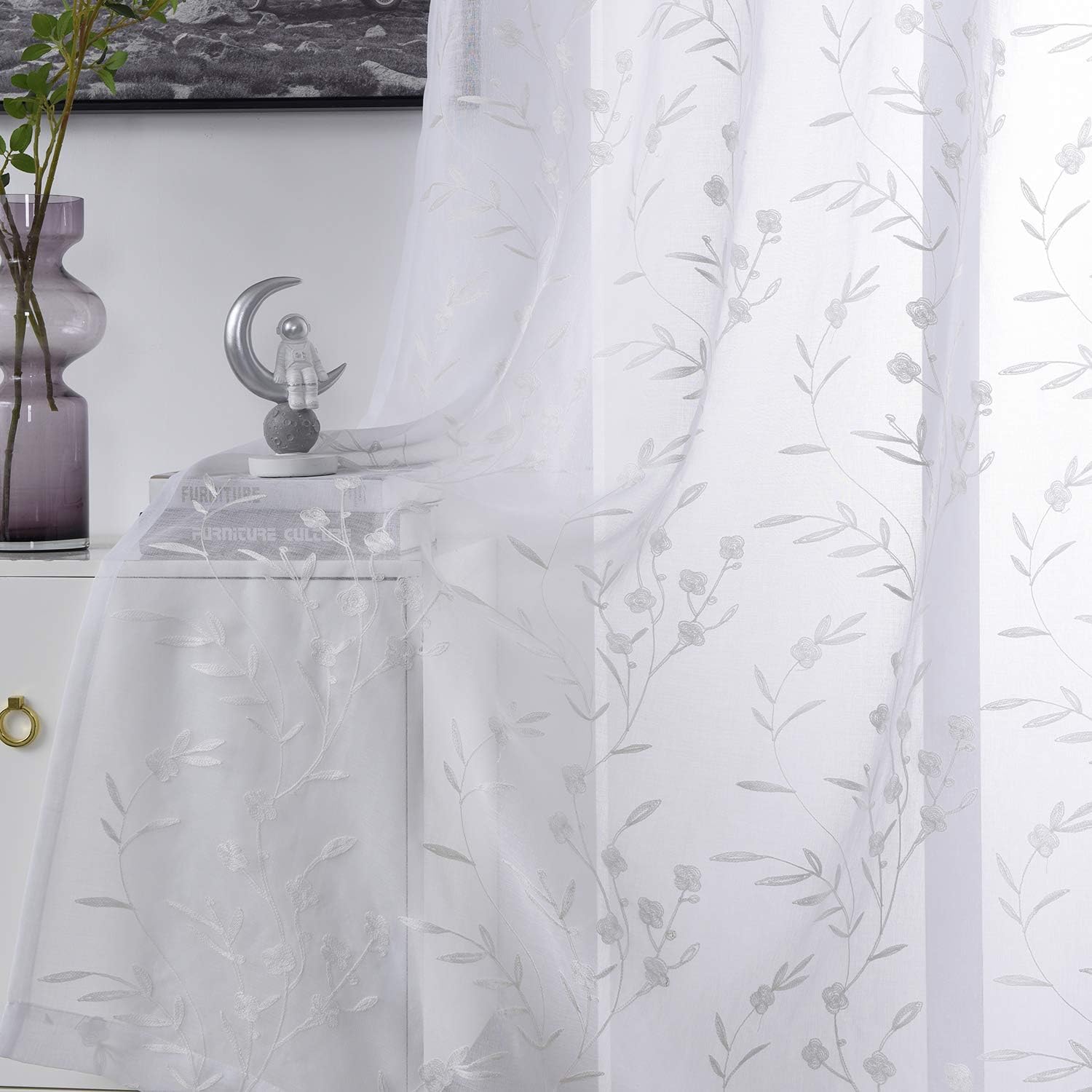Sheer Curtains White 45 Inches Long Floral Embroidery Rod