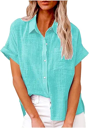 Womens Short Sleeve Button Down Shirts Summer Cotton Linen Blouse V Neck Collared Tops Loose Casual Ladies Clothes