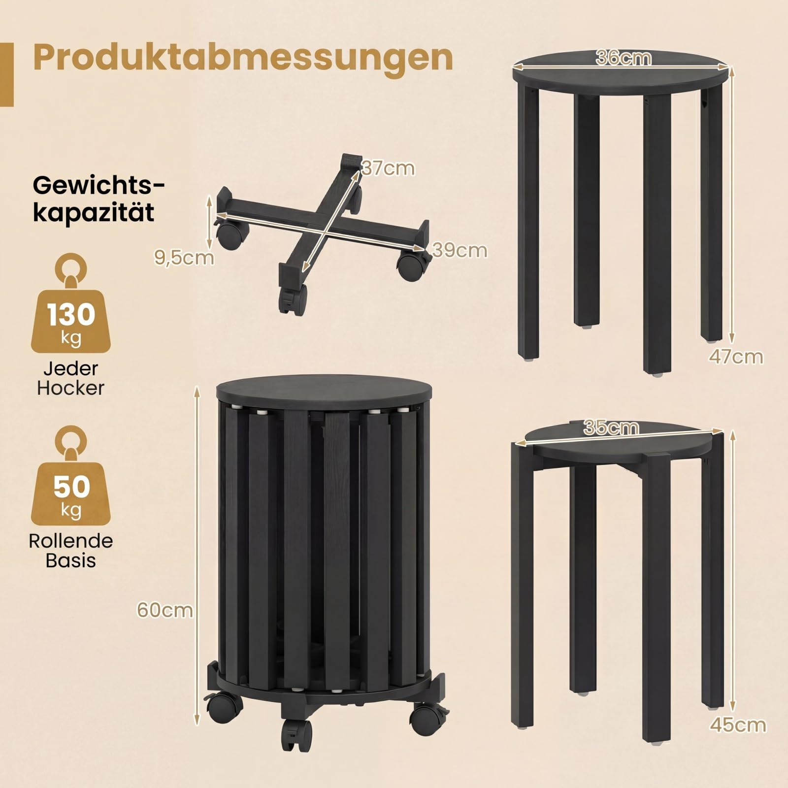 COSTWAY 4er Set Esszimmerhocker stapelbar, Stapelhocker mit Massivholzbeine & Rollenbasis, platzsparende holzstapelhocker, Holzhocker rund für Klassenzimmer, Küche, Wohnzimmer (Schwarz)