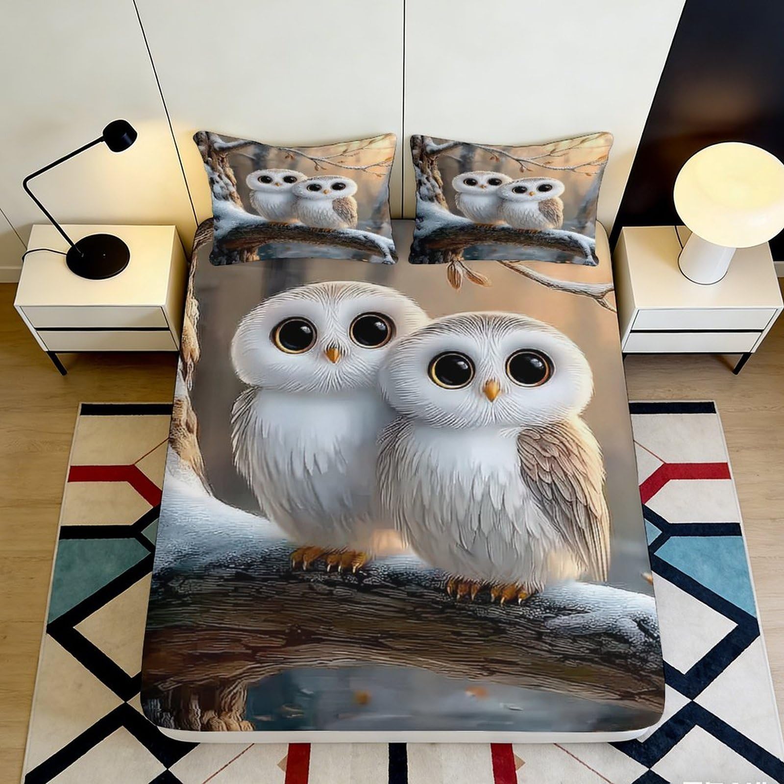 3D Printed Owl Fitted Sheet Microfiber Deep Pocket Non-Slip Bedding Owl Mattress Fitted Cover Elastic Hem for Adults Bedroom 90x200x25cm