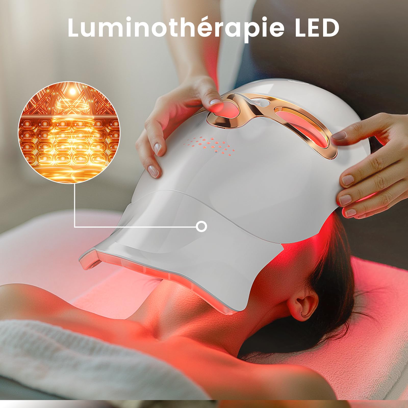Masque LED Visage Luminothérapie, Masque à Lumière Rouge Rechargeable USB-C, Masque Facial LED pour Soins de la Peau, Maison, Voyage et Yoga(Or) | 7 modes de lumière pour personnaliser vos soins de la peau, design confortable pour la maison, le voyage et
