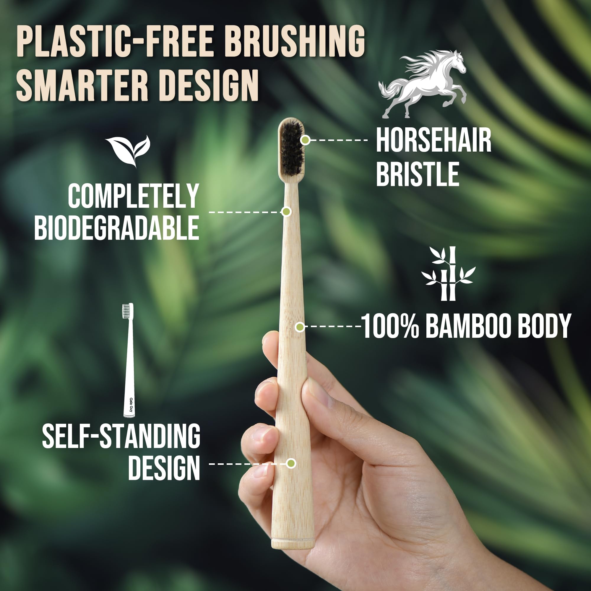 Gaia Guy Szczoteczki do zębów z włosia końskiego bambusa, 4 sztuki, naturalne włosie końskiego włosia | Stojąca szczoteczka do zębów bez plastiku | Zero Waste pielęgnacja jamy ustnej