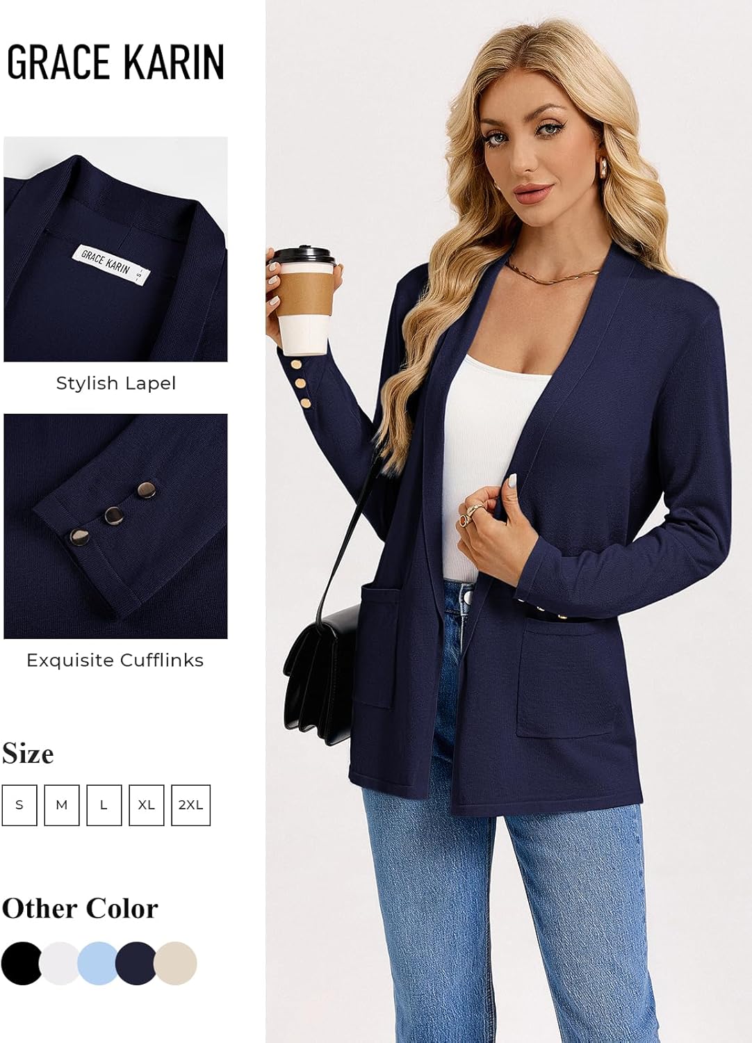 GRACE KARIN Long Cardigans for Women, Long Sleeve Open Front Cardigan Sweaters, Lightweight Spring Jacket with Pockets - Image 5