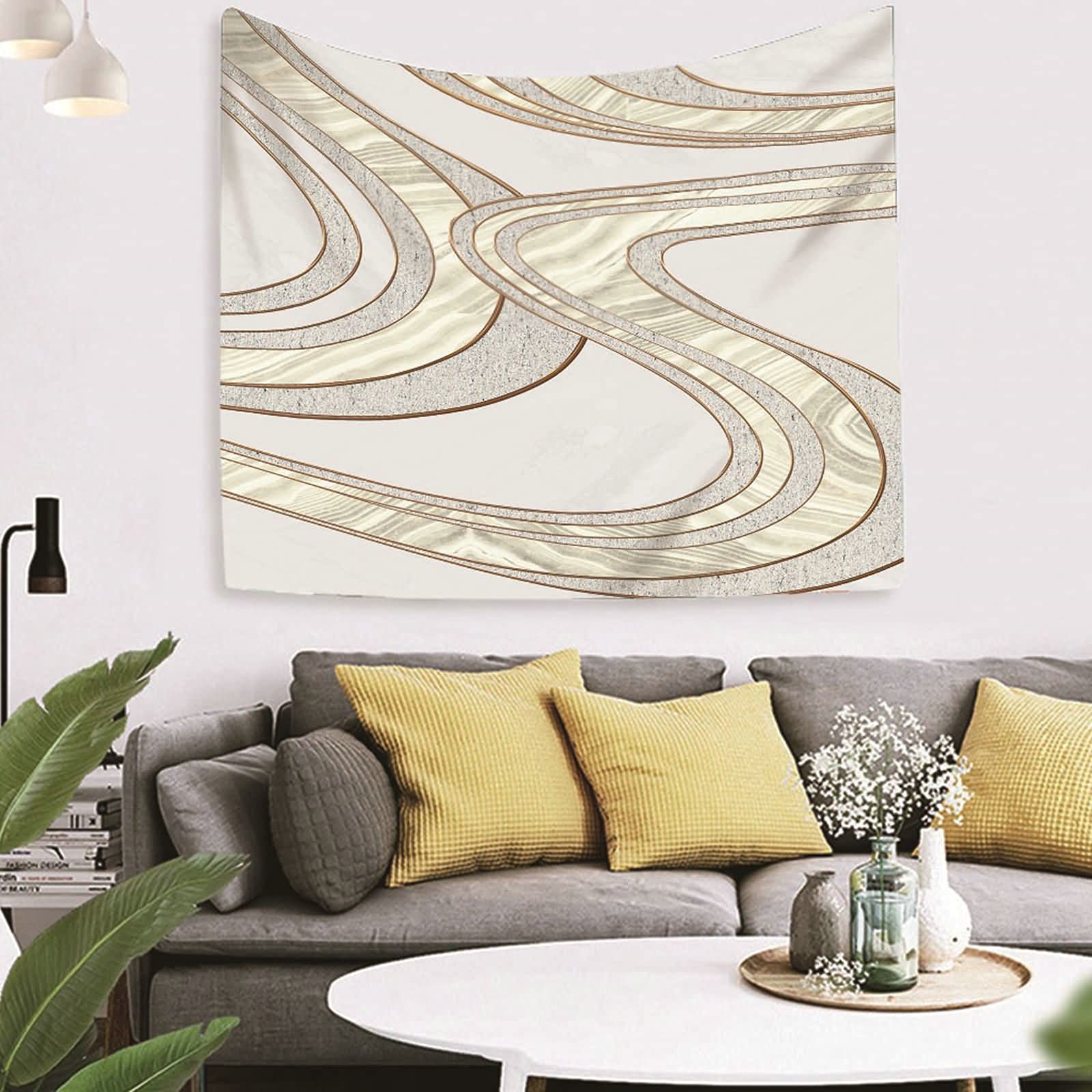 Tapiz de pared, diseño de líneas geométricas, decoración de pared, de poliéster, gris, caqui, 350 x 256 cm