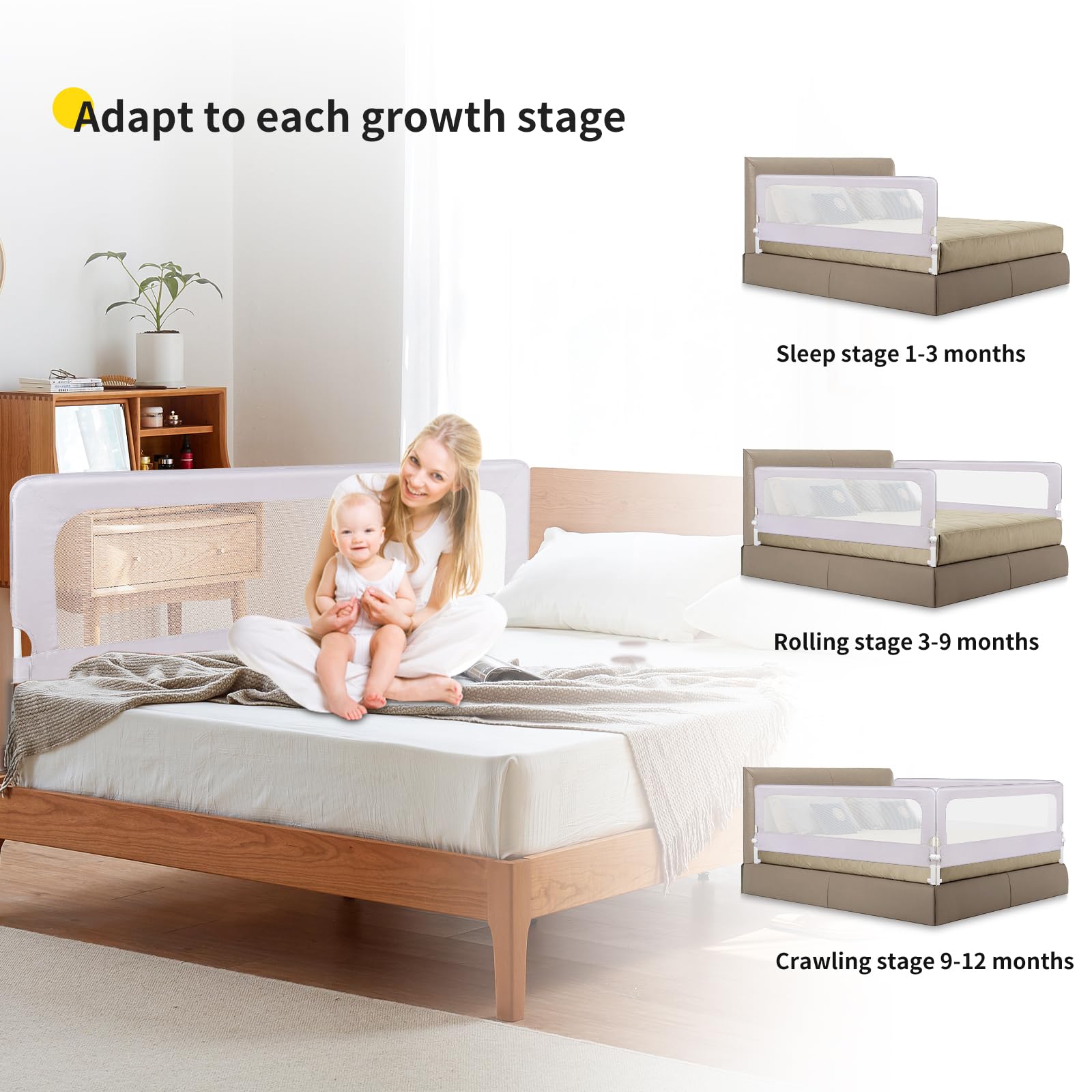 Barrera de cama infantil abatible, tela Oxford, barrera de seguridad infantil, diseño extra alto (gris, 180 x 70 x 26 cm)