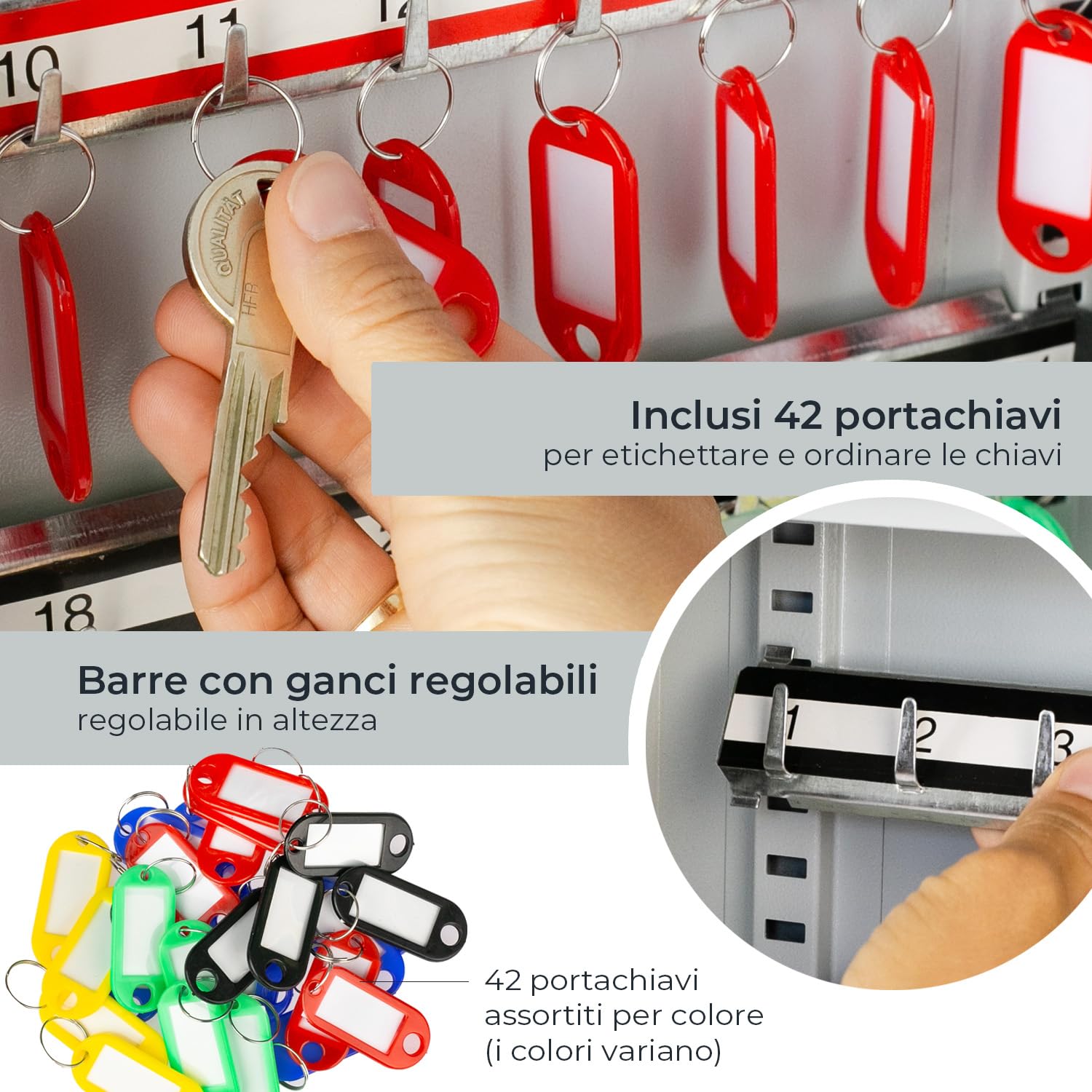 HMF 13642-07 Armadietto portachiavi con codice numerico, cassetta portachiavi grande | 42 ganci | 35 x 27 x 8 cm | Grigio chiaro