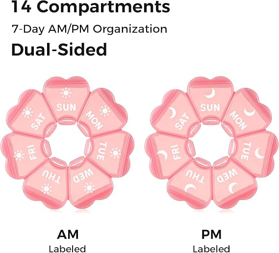 LANDNEOO Weekly Pill Organizer 2 Times a Day, Cute Double-Sided AM PM Pill Case 7 Day, Pink Travel Pill Box for Medication, Vitamins, Fish Oils, Supplements - Pink