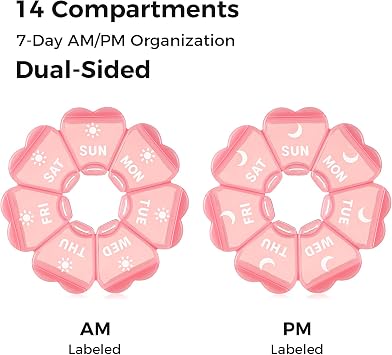 LANDNEOO Weekly Pill Organizer 2 Times a Day, Cute Double-Sided AM PM Pill Case 7 Day, Pink Travel Pill Box for Medication, Vitamins, Fish Oils, Supplements - Pink