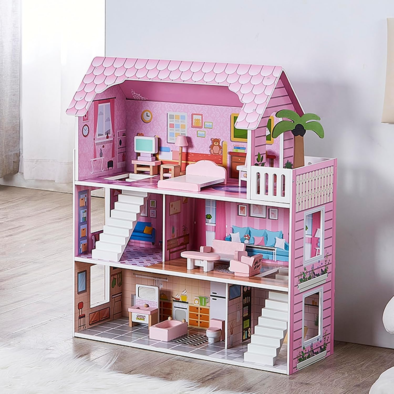 Kids Dollhouse - Pink Wooden Doll House with 10-Piece Mini Furniture Set, 3-Story & 5 Open Rooms, Easy to Assemble Pretend Play House, Gift for Girls Boys Ages 3 4 5 6 Years Old