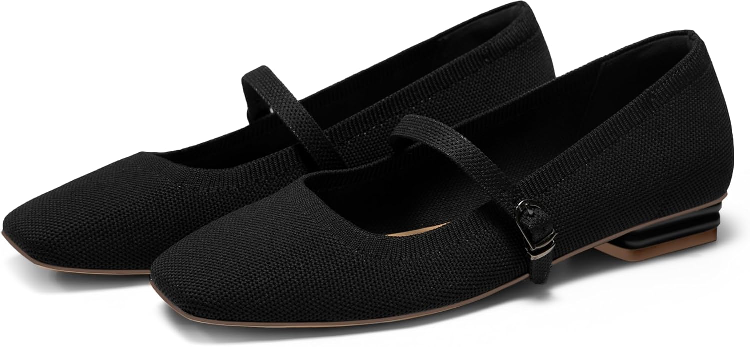Womens Knit Mary Jane Flats Closed Square Toe Ankle Strap Ballet Flat Dressy Comfortable Slip on Shoes - Image 8