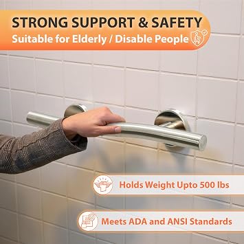 Decorative Grab Bar for Shower Bathtub - Stair Bed Toilet Home / Stand Assist & Safety Handrail / 304 Stainless Steel / Left / Brushed Finish / 18