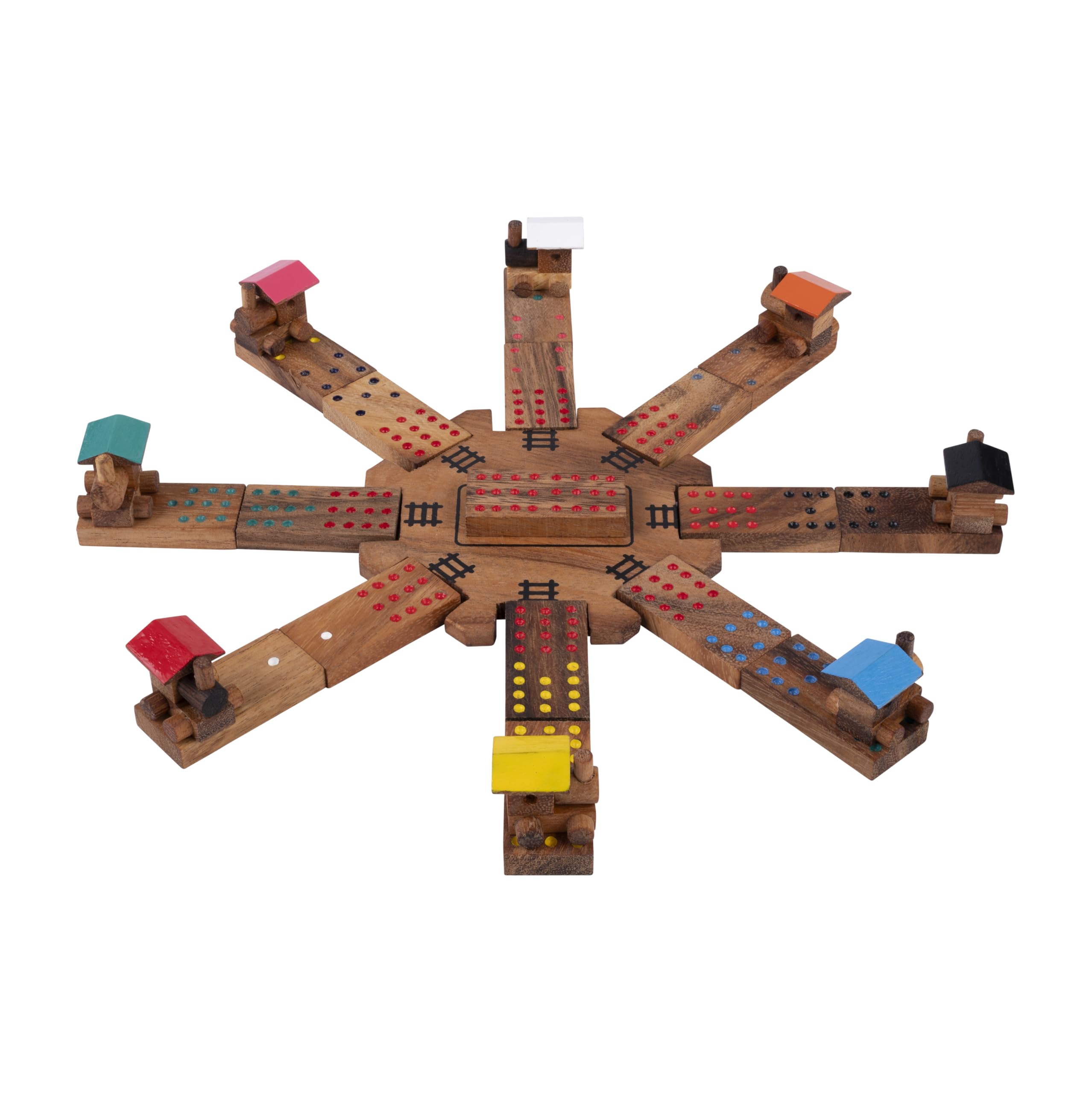 Engelhart Mexican Train Domino Doppel 12 aus Holz – 91 Spielsteine mit 8 Lokomotiven und 1 Bahnhof – Holzbox – Strategisches Familienspiel – Ab 6 Jahren – 22 x 15 x 7 cm – Spielregeln 350373