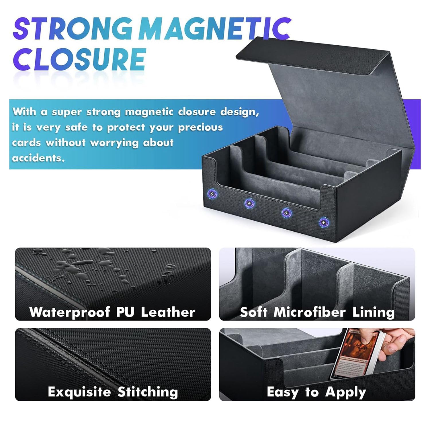Scatola Porta Carte per Carte Collezionabili, Porta Carte con Chiusura Magnetica per Mazzo con Caricamento Laterale Superiore Scatola per Carte da Gioco Nero + Blu Resistente