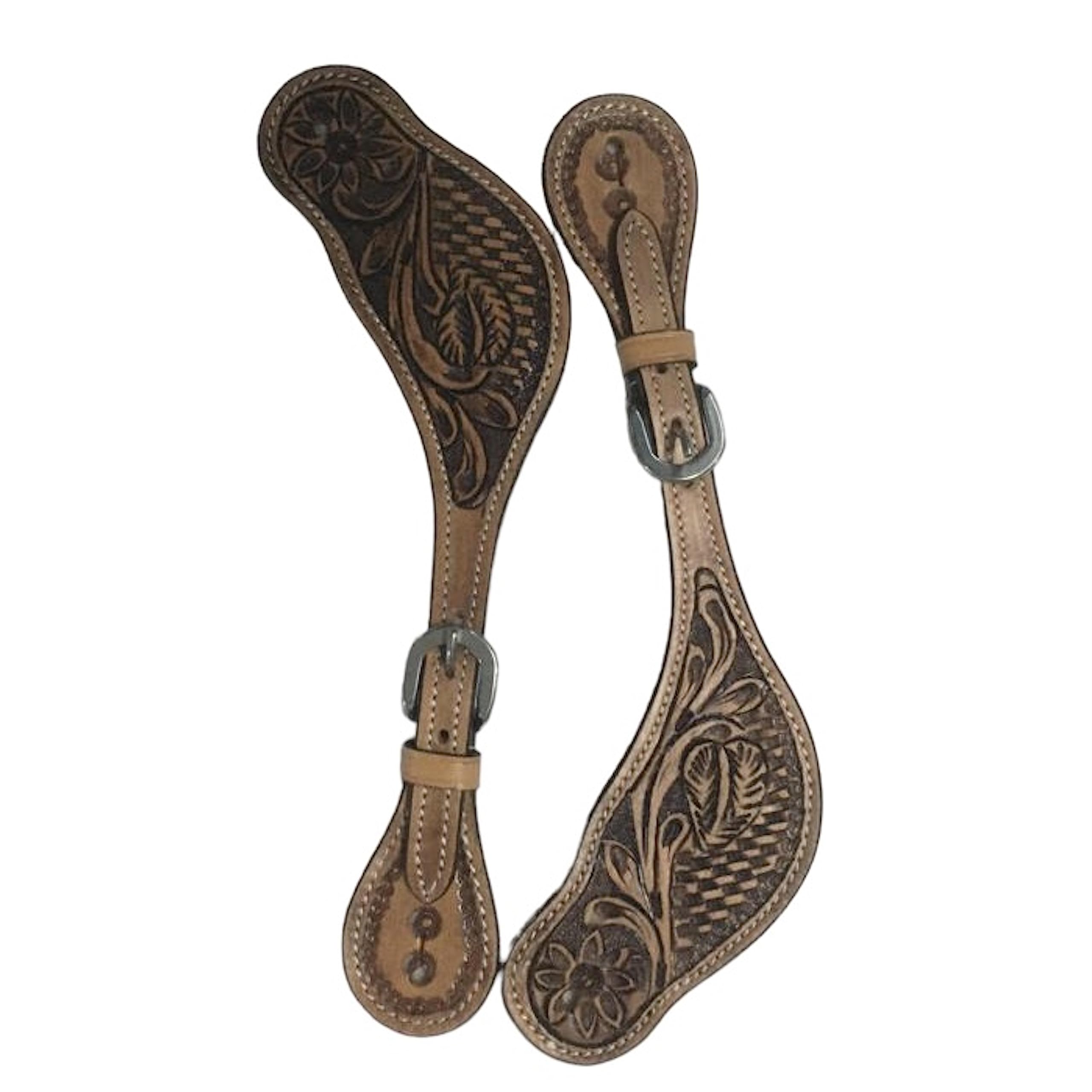 Majestic Ally Western Spur Straps, Genuine Leather, Antique Hand Tooling, Adjustable Stainless Steel Buckle
