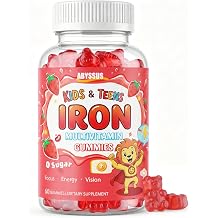 ABYSSUS Iron Gummies for Kids & Teens - Energy, Immunity, Brain & Eye Support, Sugar Free Gentle Iron Supplement with Vitamin C, B-Complex, Lutein & Choline, Strawberry Flavor, 60 Count