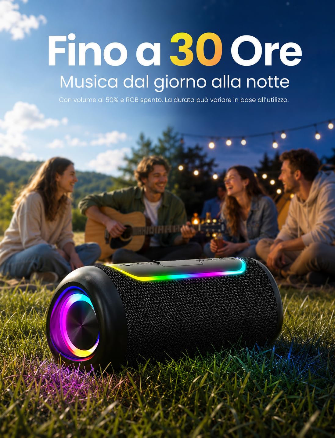 UOHHBOE Cassa Bluetooth Portatile 30W, Bluetooth 5.4 TWS Stereo Fino a 30 Ore di Riproduzione IPX5 Impermeabile, Luci LED Ritmiche USB/AUX/TF Ideale per Viaggi Casa e Outdoor