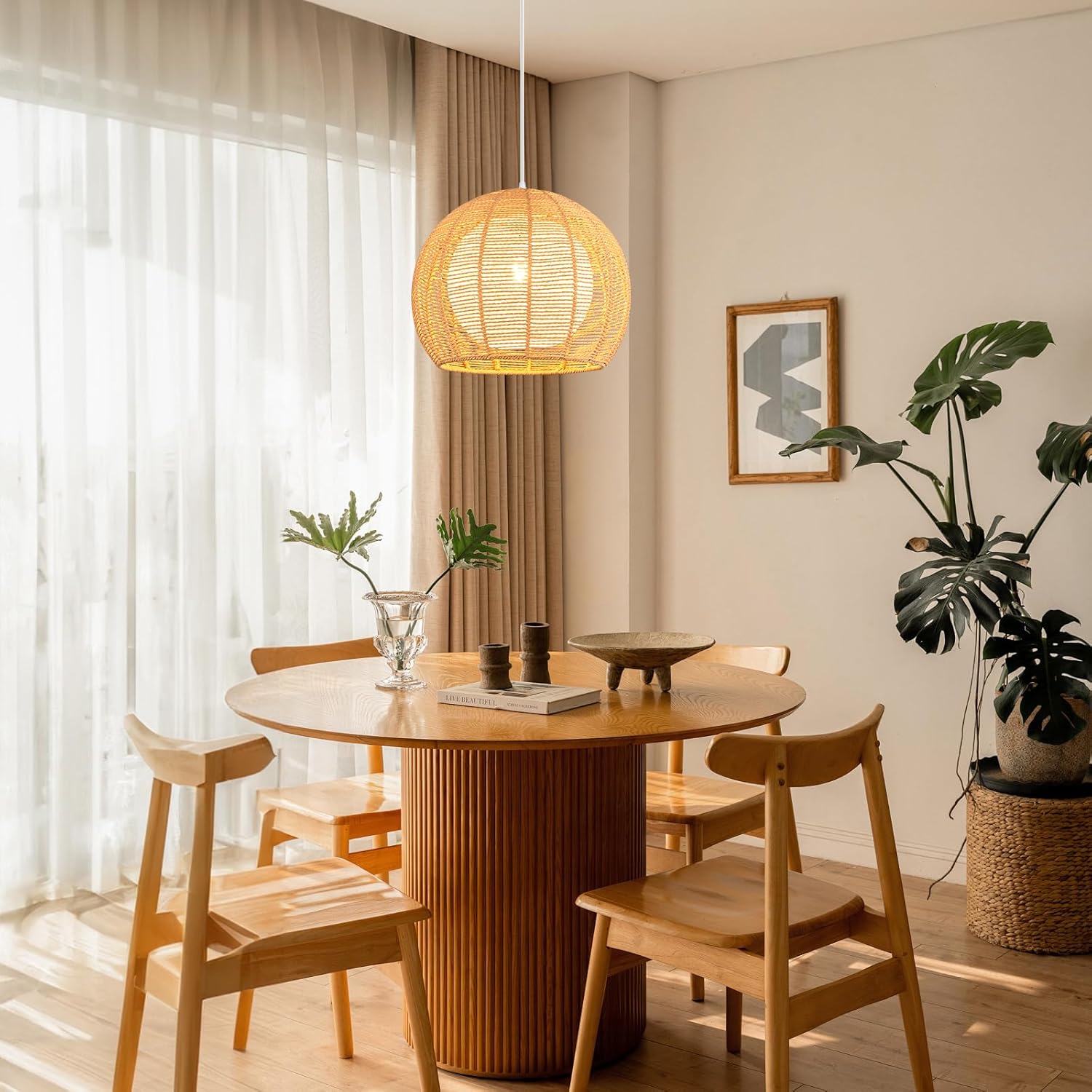 14" Rattan Farmhouse Pendant Light Fixtures,Boho Large Chandelier,Hand Woven Chandeliers for Dining Room,Rustic Chandeliers Hanging Light Fixtures for Kitchen Island Bedroom