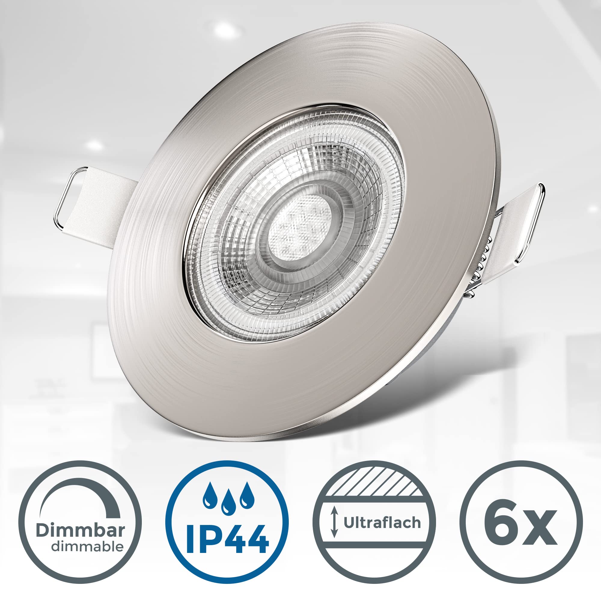 B.K.Licht lot de 6 spots à encastrer spéciales salle de bain IP44 ultraplats 25mm, dimmables, Ø90mm, nickel mat, éclairage plafond encastrable, platines LED 4,9W, 480Lm, blanc chaud 3000K