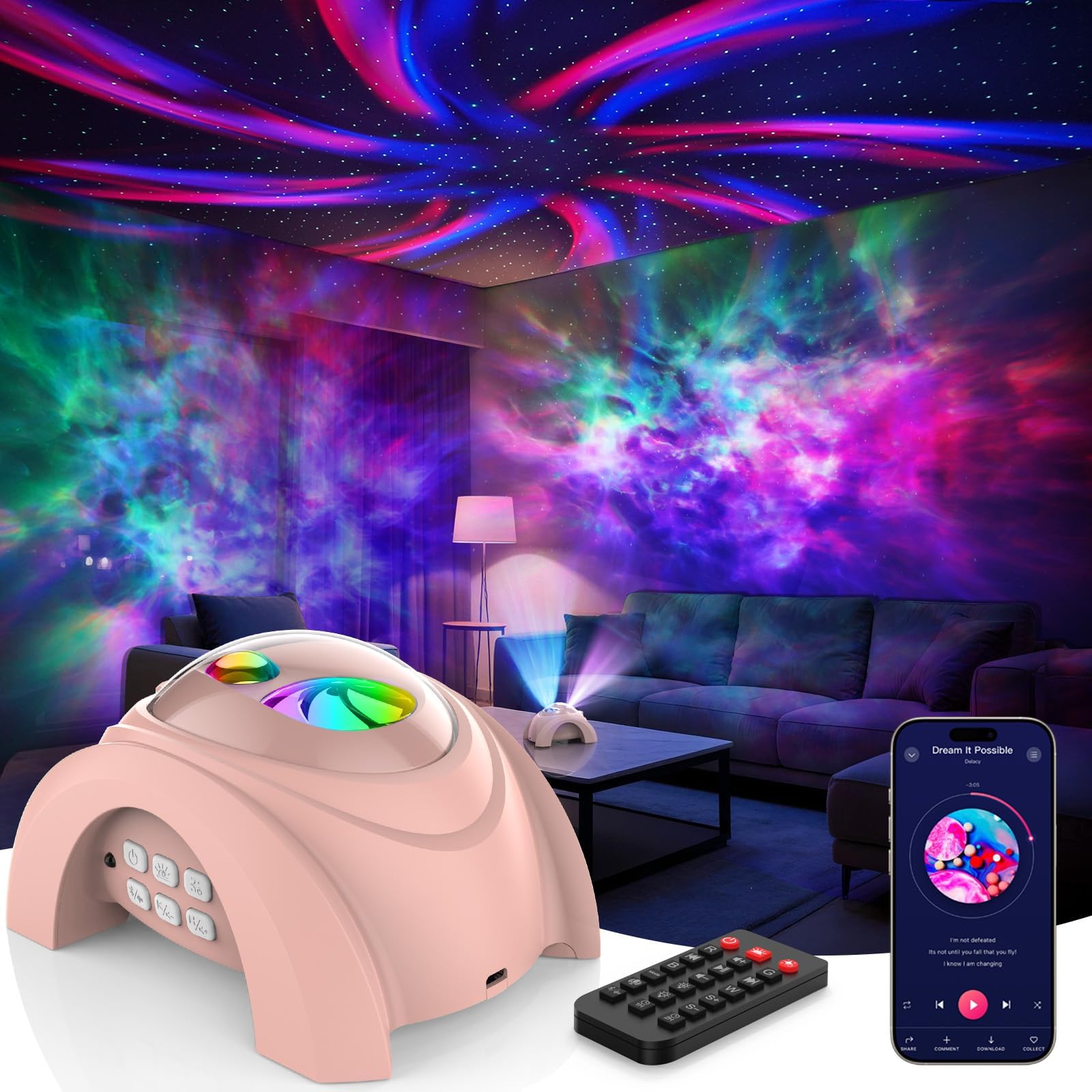 Rossetta Dual Lens Galaxy Star Aurora Projector Night Light for Bedroom | 58 Light Effects, White Noise, Bluetooth Speaker, Music Sync, Remote Control, Timer, Room Decor Gift for Kids Adults Teens