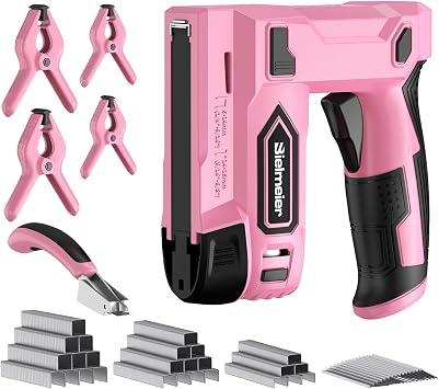 Bielmeier 4V 2-in-1 Pink Staple Gun,No Compressor, No Cord, Lightweight Design, for Carpentry and Upholstery, with Led Work Light, Safety Striker Guard