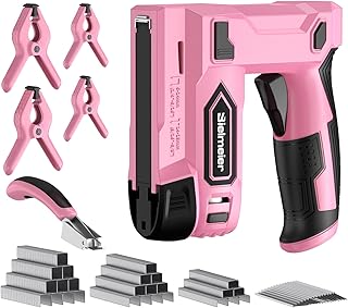 Bielmeier 4V 2-in-1 Pink Staple Gun,No Compressor, No Cord, Lightweight Design, for Carpentry and Upholstery, with Led Work Light, Safety Striker Guard