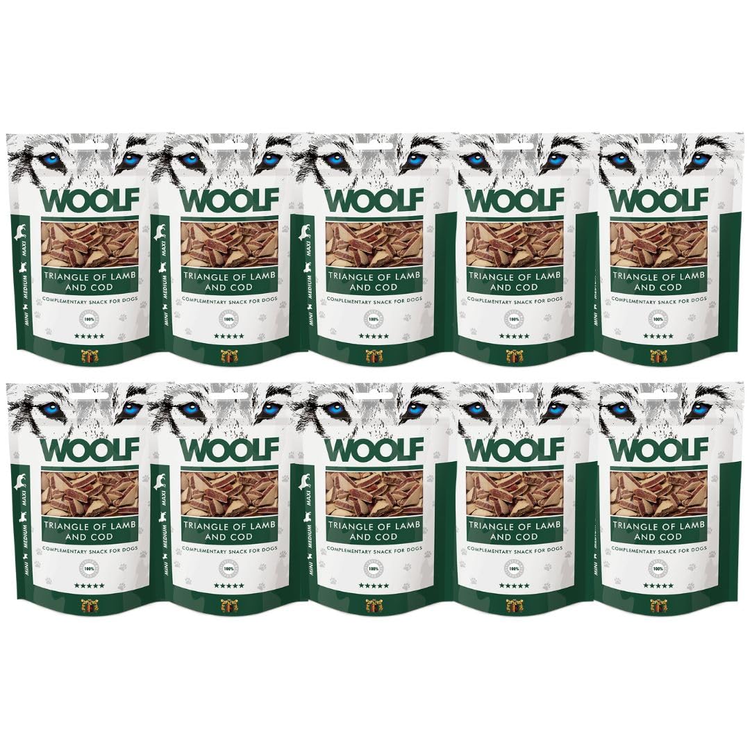 Pack de 10 Snacks Naturales para Perros | Triángulos De Cordero + Bacalao Sin Conservantes | Chuches Perros Naturales - Dog Treats Saludables con Omega 3 Y Proteínas | 100g