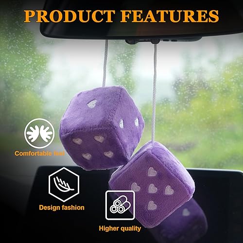 Miniatura 4 de Par de dados de felpa mullidos para espejo de automóvil, dados cuadrados retro de 3 pulgadas con forma de corazón, decoración universal para colgar
