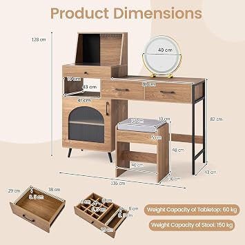 COSTWAY Dressing Table with 3-Color LED Lights Swivel Mirror and Stool, Makeup Table Vanity Desk with Charging Station, Glass Top, 3 Drawers, 120 Ring Slots, 10 Necklace Hooks & Side Cabinet (Natural)