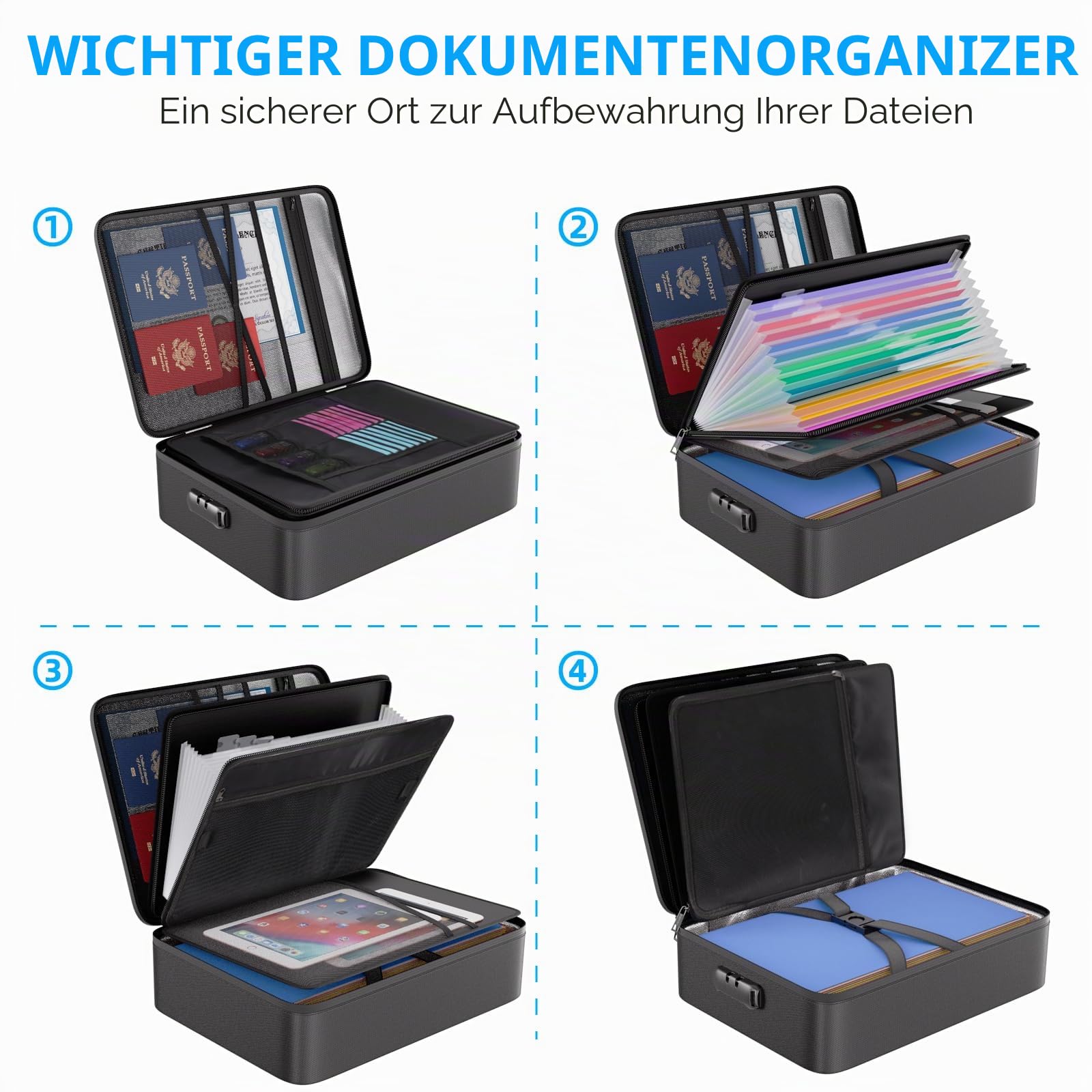 Tamfile 5200℉ Feuerfeste Dokumentenbox, Dokumententasche mit 13 Taschen | Wasserfeste, Akkordeonordner, Dokumenten-Organizer, Tragbare, Aktenaufbewahrungsbox, Fächermappe, Schloss, Etiketten, Schwarz