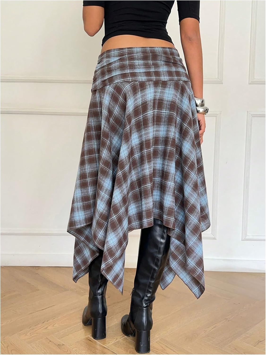 GORGLITTER Women's Plaid Skirts Ruched Elastic Low Waist Asymmetrical Hem Y2K Maxi Skirt Western Cowgirl Outfits