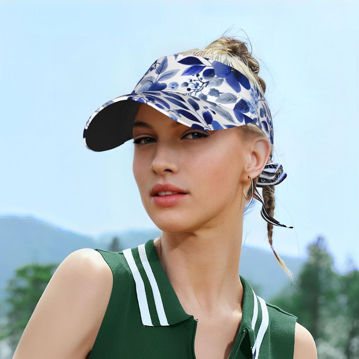 (Blue Flowers and Leaves) Adult Sun Visor Hat Adjustable Open Top Sports Cap Breathable for Men Women Beach Vacation Essentials