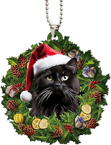 Miniatura 7 de Talataca Adorno de Navidad plano 2D de gato negro, gato negro con un sombrero de Navidad, corona de árbol de pino, colgante de casa colgante de Eva,