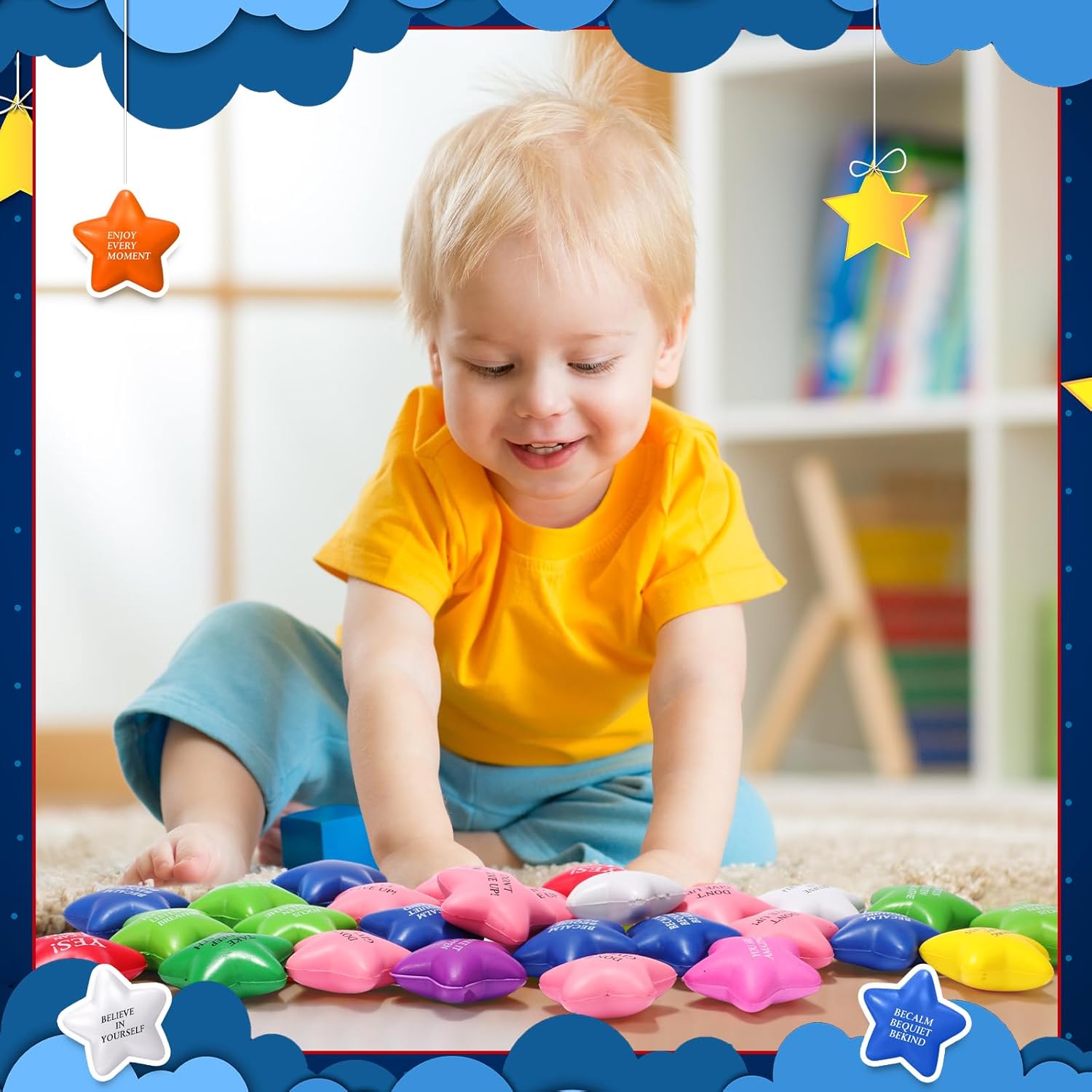 Jenaai 150 Pcs Stress Star Ball Bulk Motivational 2.2 Inch Star Shape Stress Ball with Inspirational Quotes Mini Sensory Colorful Anger Management Relief Toy for Adults Kids Teens Fidget Relief