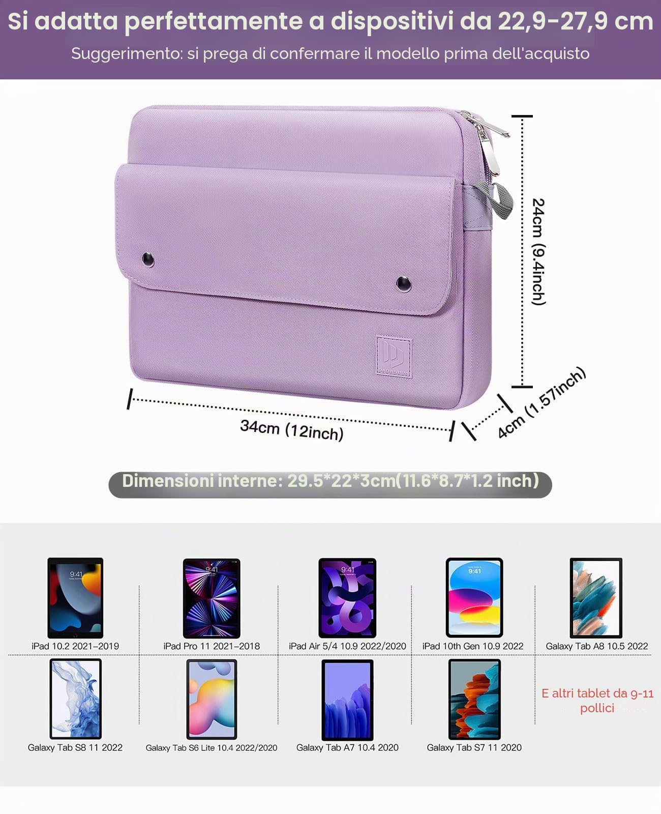 Dadanism 9-11 Pollici Tablet Custodia Borsa a Tracolla per iPad (A16) 11", iPad Air 11" M4/M3, iPad Pro 11" M5/M4, iPad 10a Gen 10,9", iPad 9/8/7a Gen 10,2", Galaxy Tab A11+ 11", Tab M11 11", Viola