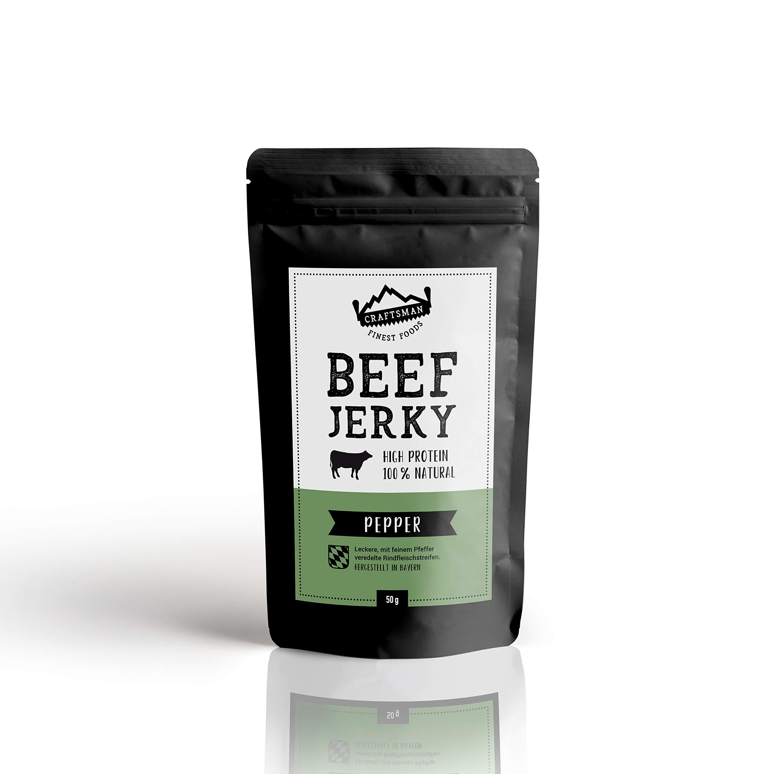 Craftsman Beef Jerky Pepper 500 g | Ohne Zucker | Aus Deutschland - Bayern | Jerky Beef Set 10 x 50g | 100% Rindfleisch | High Protein 68% | Trockenfleisch Pfeffer | 100% Natürlich