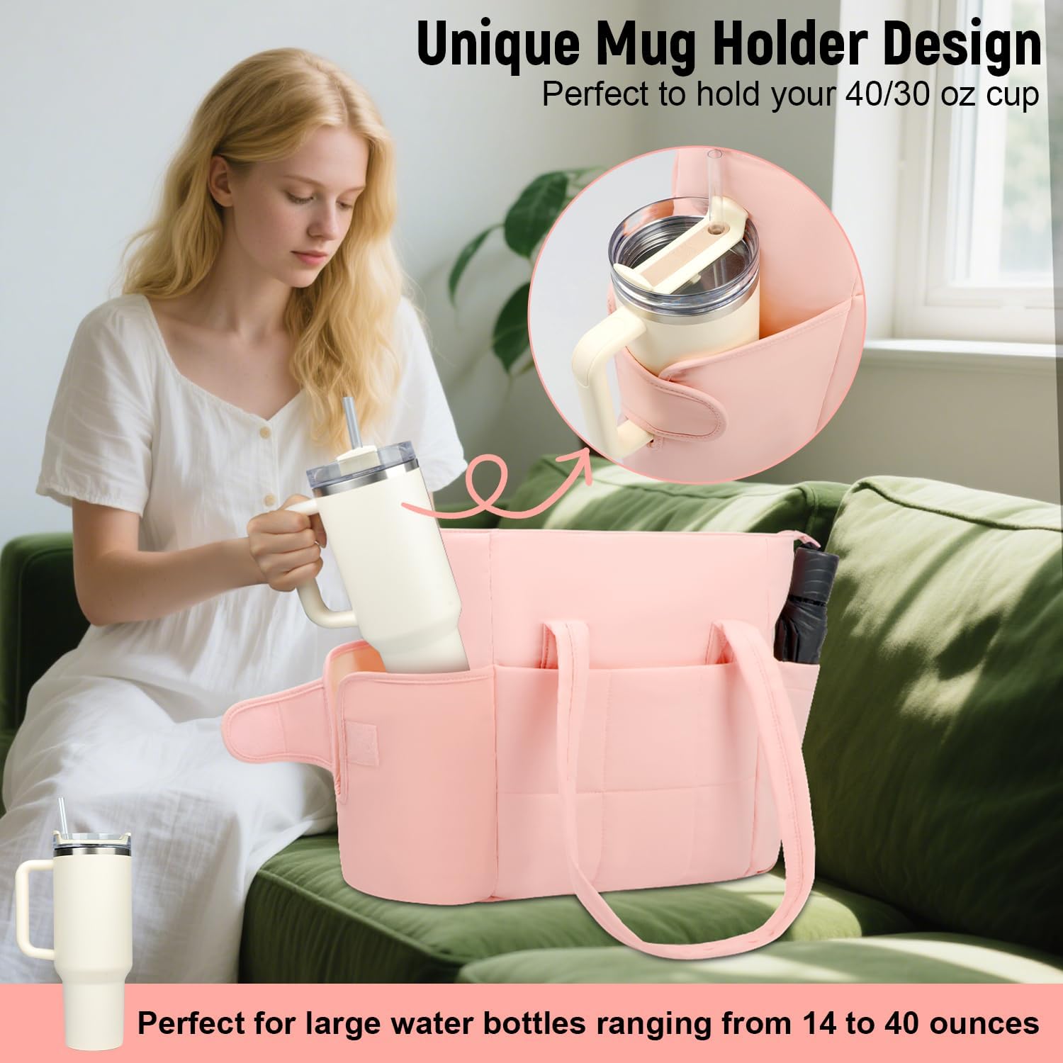 Puffer Tote Bag with Large Cup Holder& 15.6 Inch Laptop Compartment, Lightweight Puffy Work Bag with Water Bottle Pocket, Large Laptop Tote with Clutch Purse for Women Teacher Nurse (Pink) - Image 2