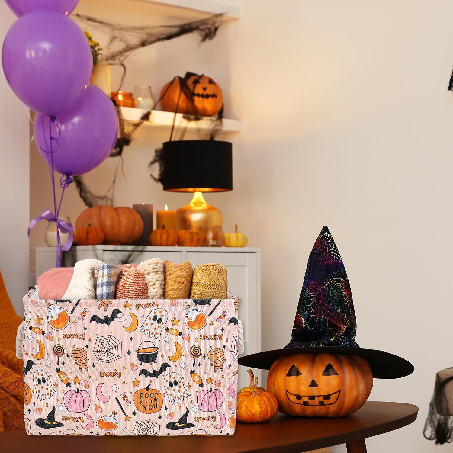 JarThenaAMCS 2 Pcs Halloween Storage Basket Pink Boo Pumpkin Ghost Bat Storage Bins with Handles Rectangle Container Box for Home Office Dorm Shelf Closet Toy
