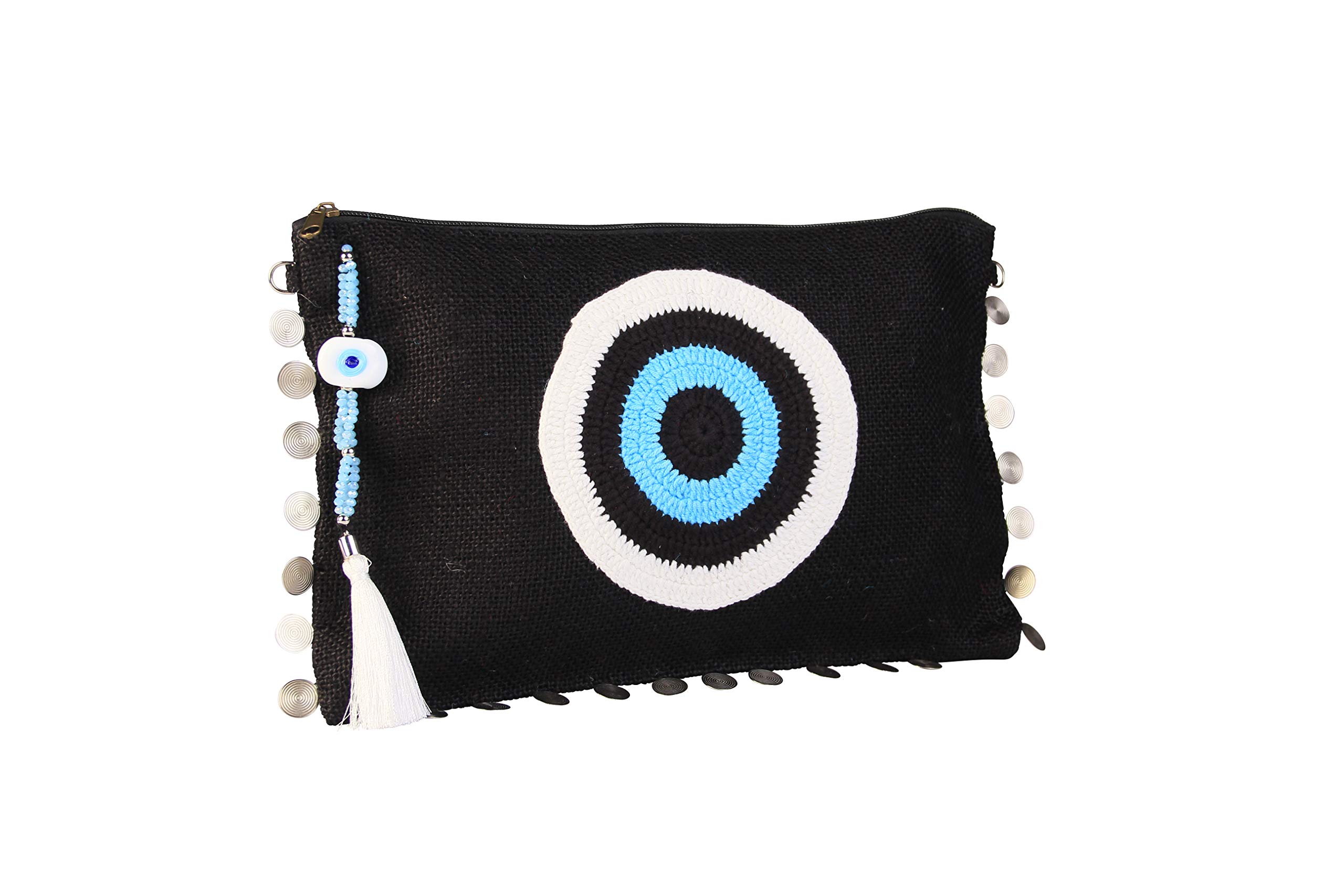KarensLine HandmadeKarensLine Handmade Evil Eye Nazar Jute/Burlap Clutch Bag Beach bag Zipper Crystals