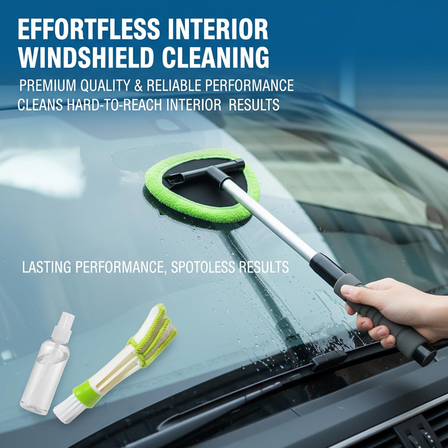 Windshield Inside Cleaning Tool, Handheld Window Wiper Scraper with Soft Cloth Sleeve for Car Glass, Tabletop, and Mirror, Quick-Dry No-Streak Cleaning Supplies Blue..