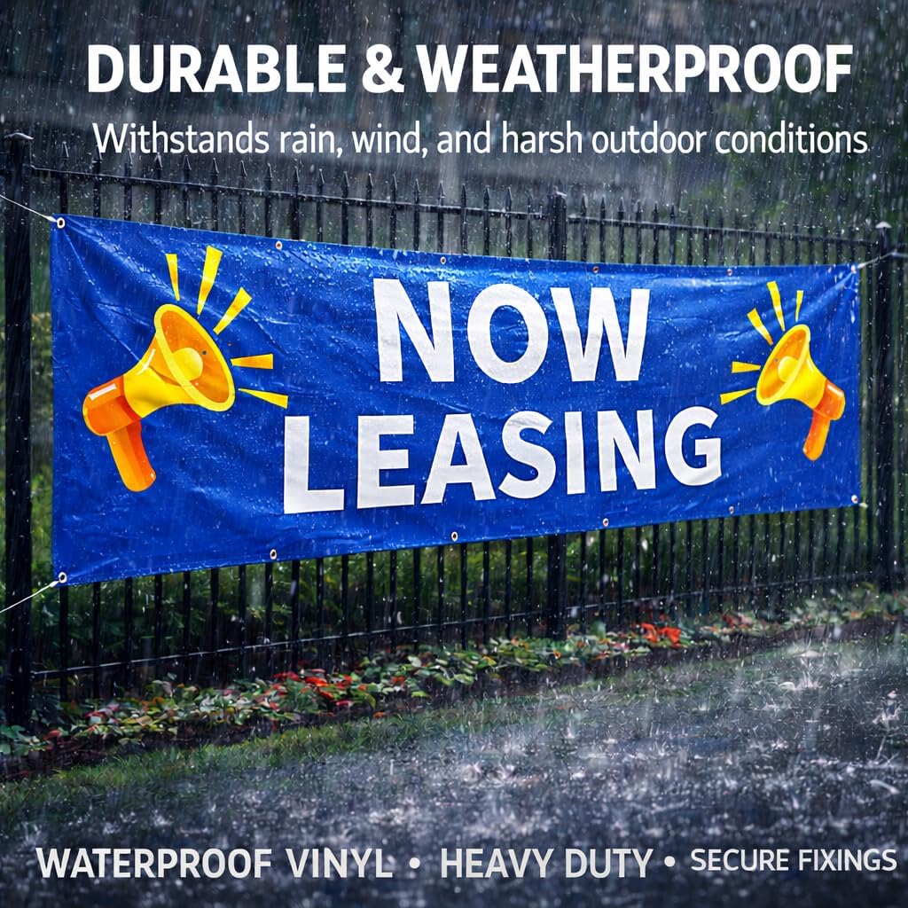 Now Leasing Vinyl Banner 3×10 FT – Waterproof Reusable Vinyl Sign with Metal Grommets & 10 Nylon Ties for Real Estate Advertising, Storefront, Yard, Fence & Outdoor Business Display (Blue)