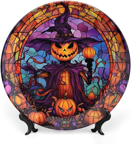 Gokays Platos decorativos, diseño de espantapájaros de Halloween, placa de exhibición con diseño de vitrales para el hogar, oficina, cocina,